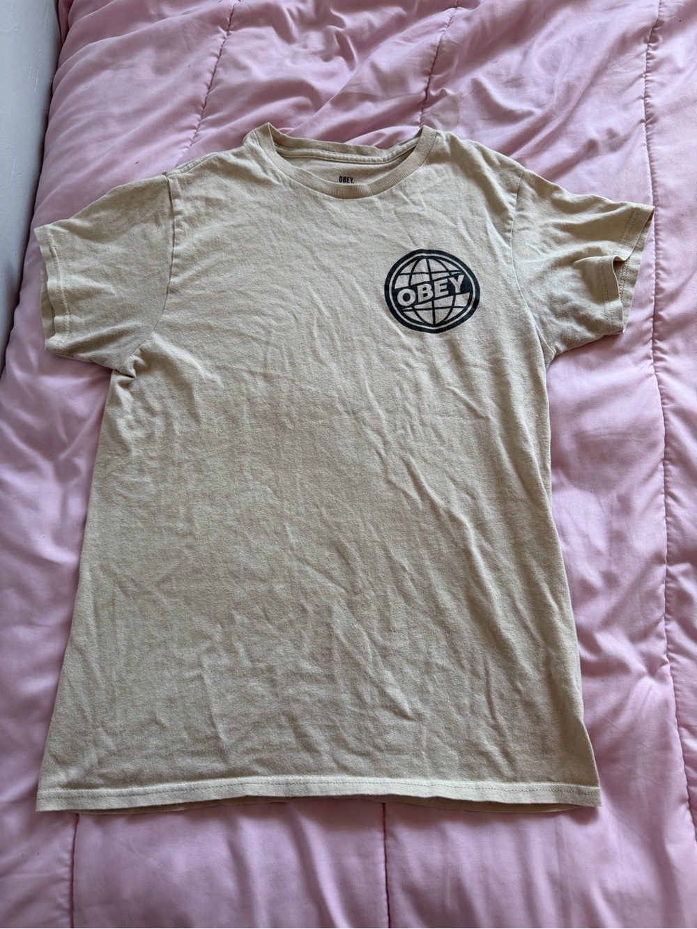 Obey Beige Crewneck T-Shirt with Black Logo Print
